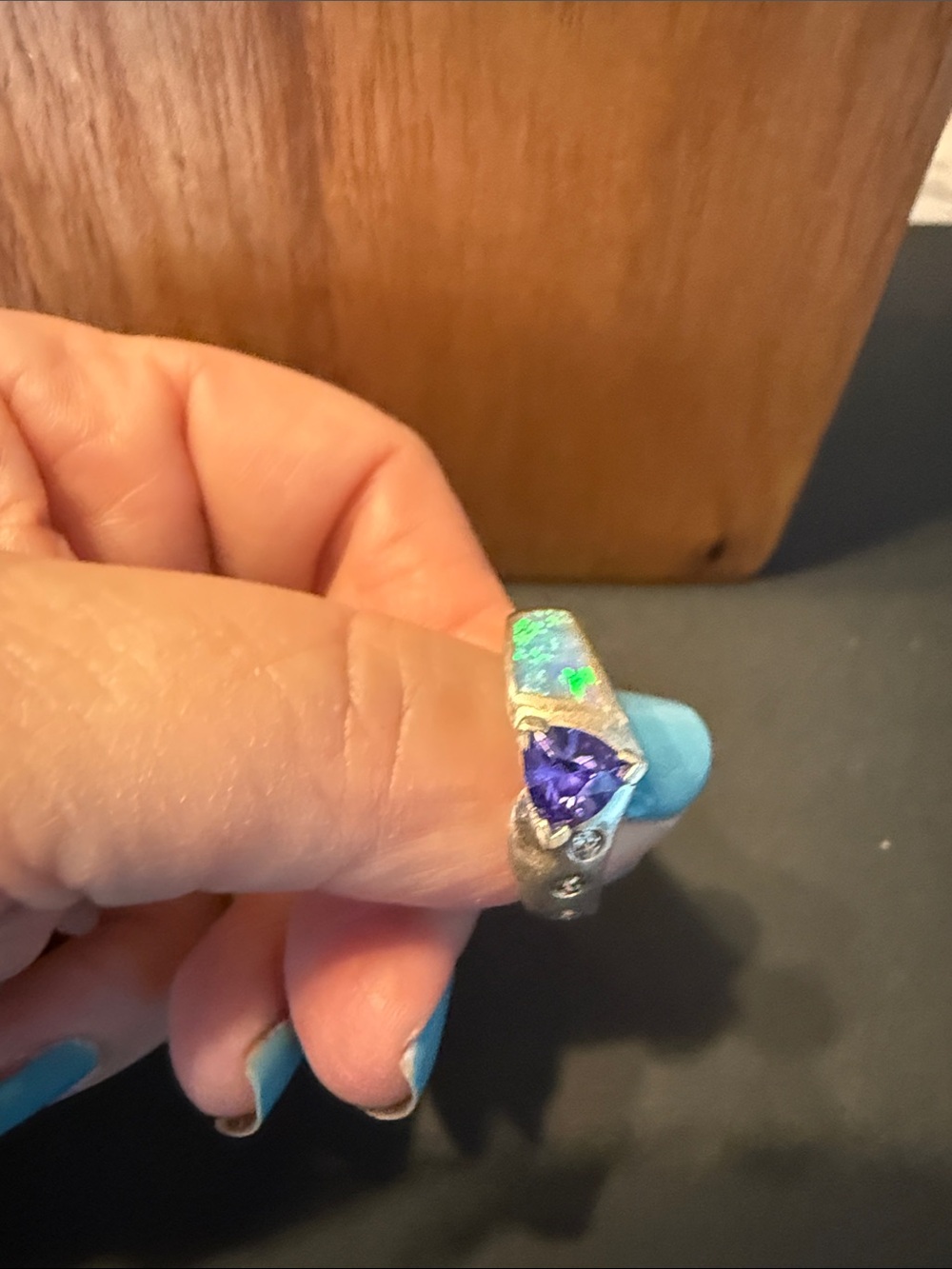 Sterling Silver Purple Heart Gemstone Ring with Opal Accent 925